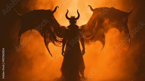 Isolated red silhouette of a devil sculpture against a cloudy sky, symbolizing evil and contrasting with angelic figures