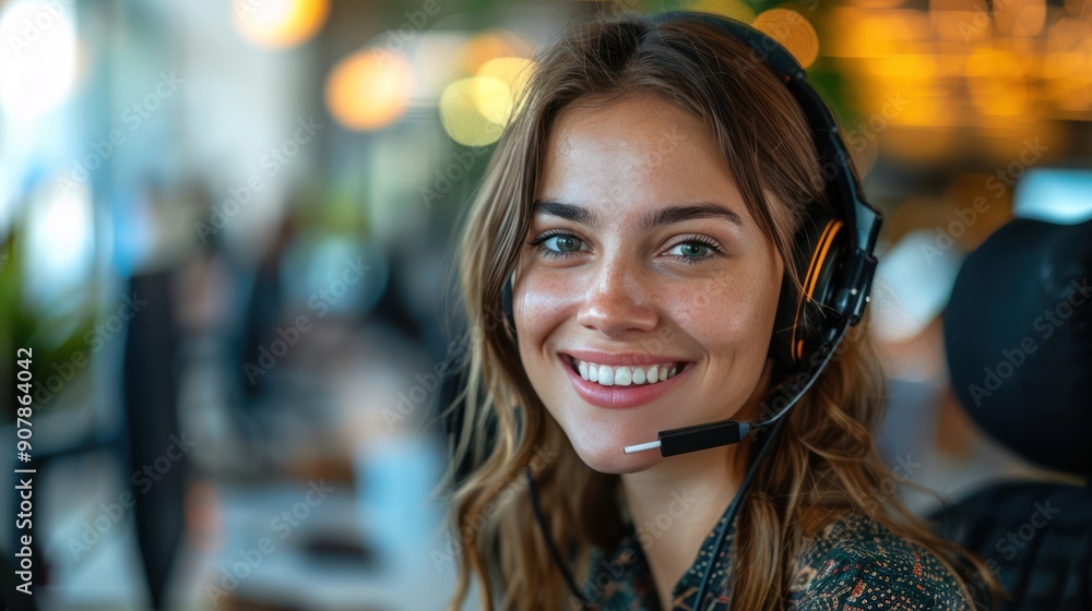 Cheerful Call Center Agent with Headset Assisting Customers Cheerful Call Center Agent with Headset Assisting Customers