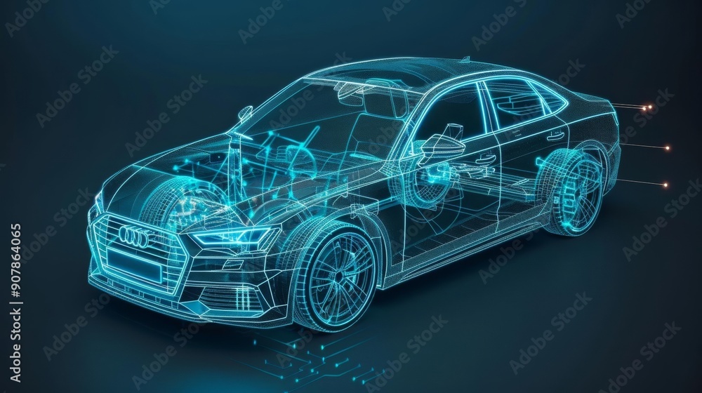 Naklejka premium Futuristic car wireframe, digital blueprint, neon blue, high-tech concept, dark background, glowing connections