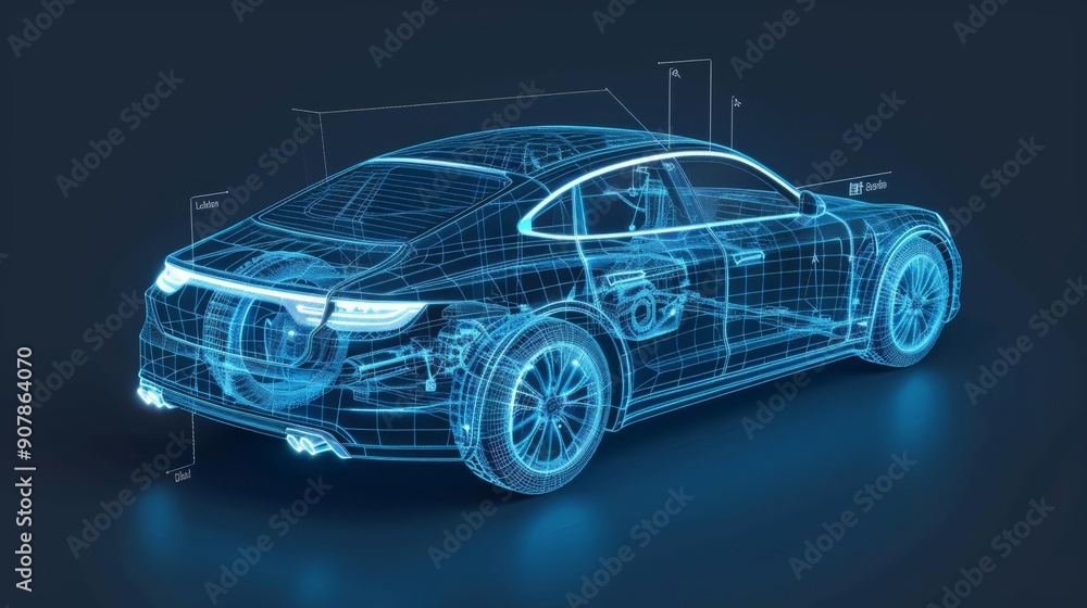 Futuristic car wireframe, digital blueprint, neon blue, high-tech concept, dark background, glowing connections Futuristic car wireframe, digital blueprint, neon blue, high-tech concept, dark background, glowing connections