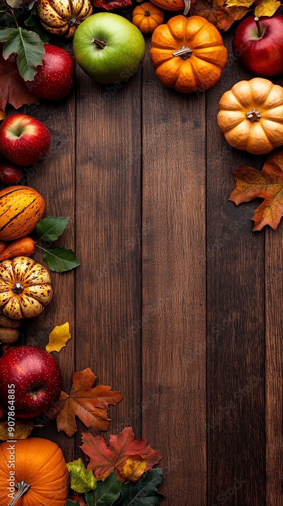 Autumn Harvest Scene with Apples, Pumpkins and Fallen Leaves Autumn Harvest Scene with Apples, Pumpkins and Fallen Leaves