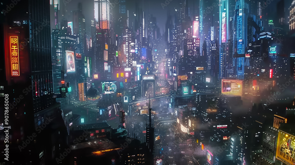 Fototapeta premium Cyberpunk Metropolis: Skyscrapers, Neon Lights, and Gritty Urban Decay