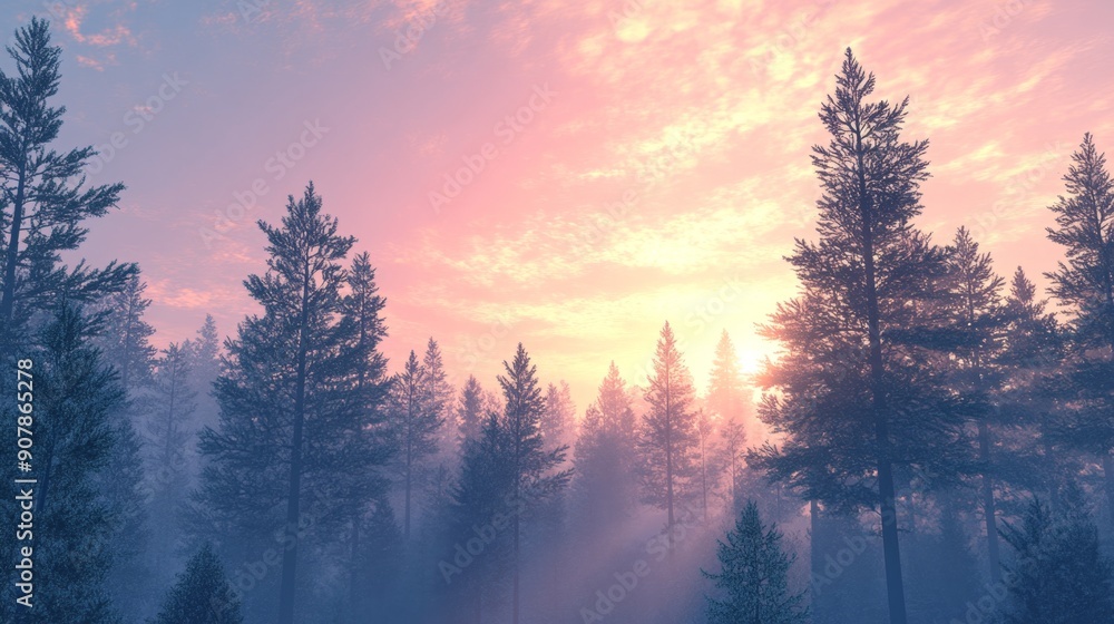 Serene Pine Forest at Pastel Sunrise - Tranquil Nature Scene with Soft Colors Serene Pine Forest at Pastel Sunrise - Tranquil Nature Scene with Soft Colors