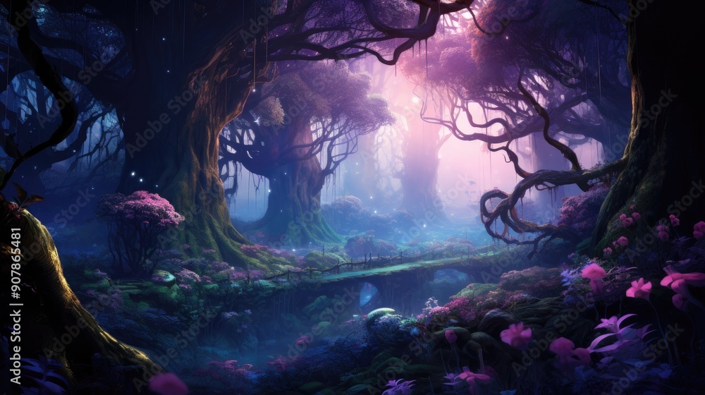 Fototapeta premium Ethereal forest with glowing bioluminescent plants at dusk