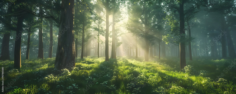 Obraz premium Sunlight Through the Trees in a Misty Forest 3D Illustration