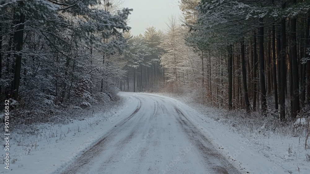 Obraz premium Winter Wonderland: Snow-covered Road Through Ponderosa Pine Forest on a Cold Day