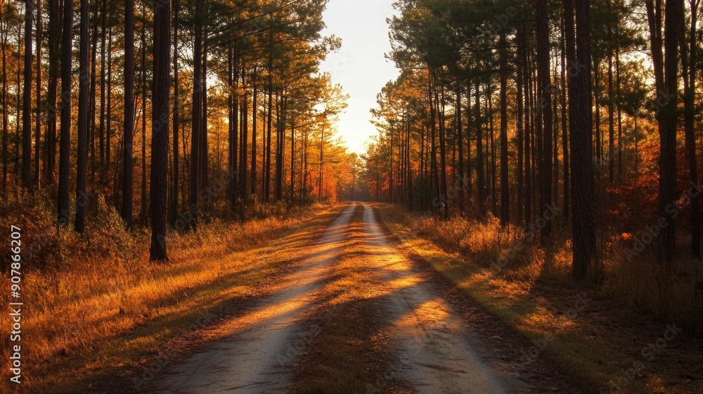Fototapeta premium Tranquil Evening: Sunset Illuminating Pine Forest Path with Golden Hour Glow