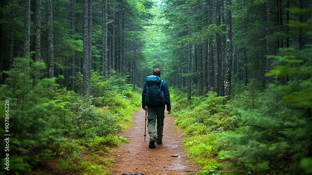 Obraz premium Embracing Solitude: Hiker Finding Connection with Nature While Walking in a Dense Pine Forest