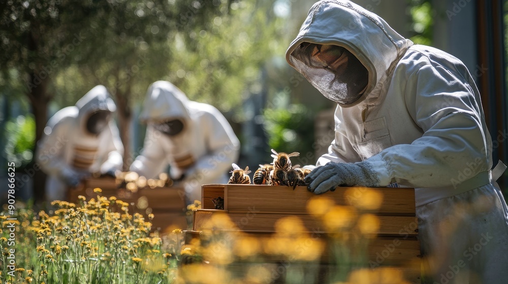Beekeeping activities in a corporate garden, with informative signs about biodiversity Beekeeping activities in a corporate garden, with informative signs about biodiversity