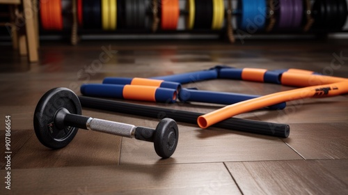 Exercise bands and dumbbells on a clean home gym floor