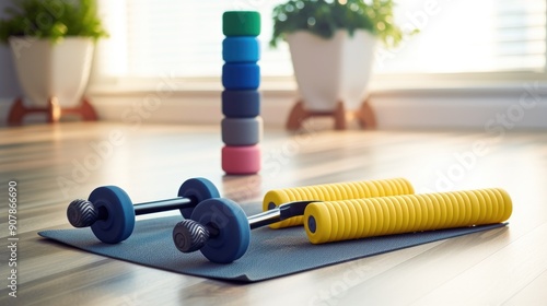 Exercise bands and dumbbells on a clean home gym floor