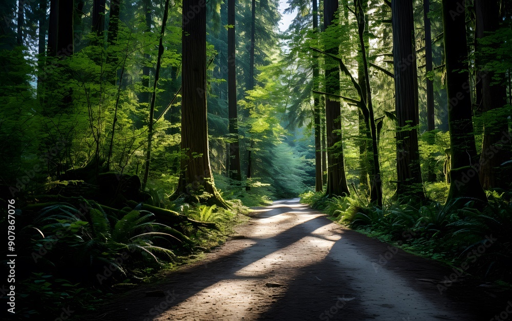 Obraz premium Tranquil Forest Path with Sun Rays Shining Through