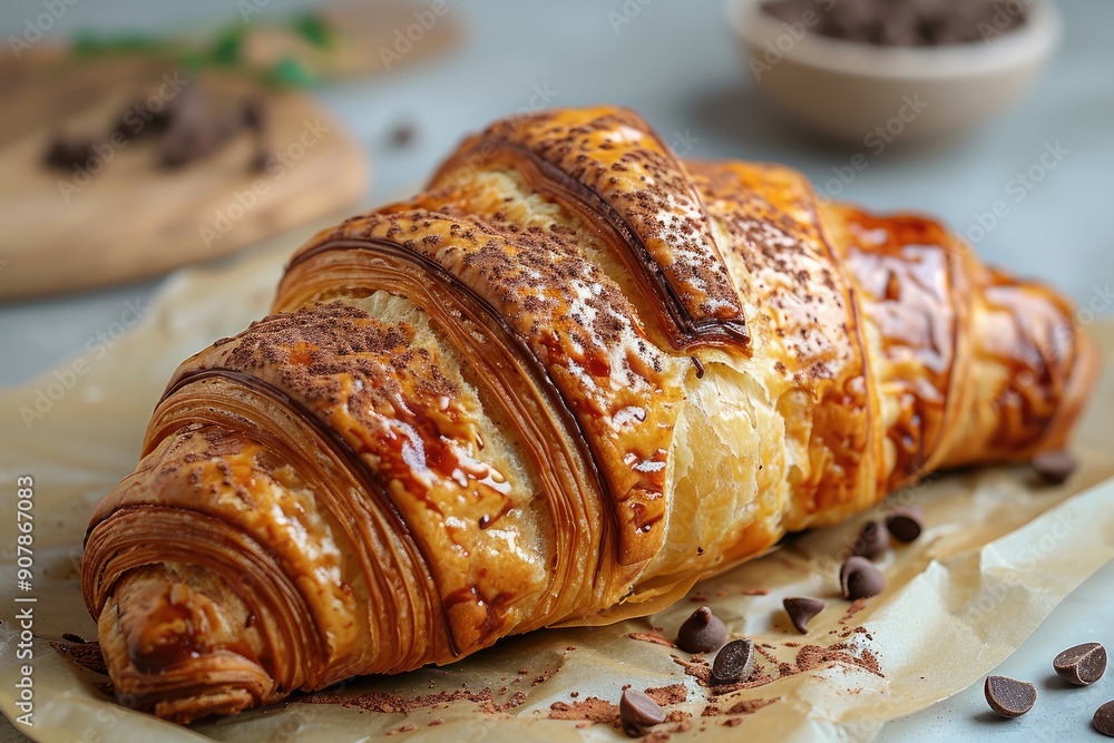 Delicious, freshly baked croissant with crisp golden layers, surrounded by chocolate chips, perfect for breakfast or a tasty treat. Delicious, freshly baked croissant with crisp golden layers, surrounded by chocolate chips, perfect for breakfast or a tasty treat.