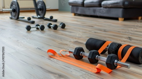 Exercise bands and dumbbells on a clean home gym floor