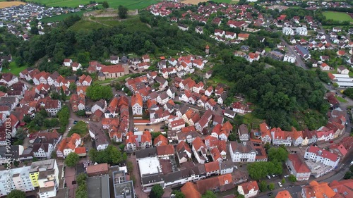 Aerial panorama view around the old town of the city Gudensberg in Germany on a summer day afternoon.	 photo