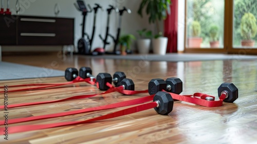 Exercise bands and dumbbells on a clean home gym floor