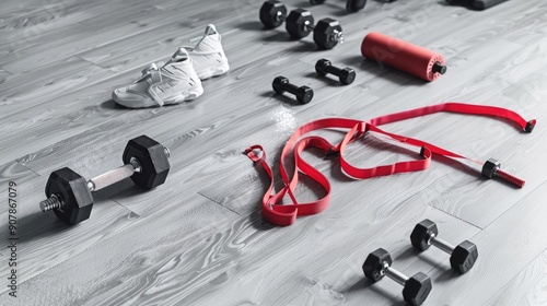 Exercise bands and dumbbells on a clean home gym floor