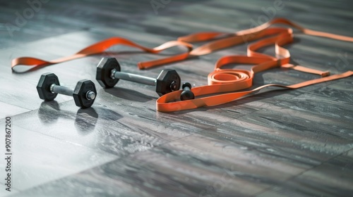 Exercise bands and dumbbells on a clean home gym floor