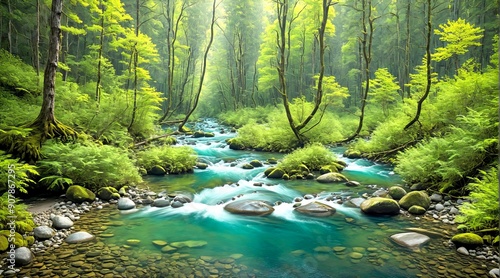 A photo of a serene river flowing through a forest. Forest Retreat with a Flowing River. 2