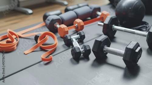 Exercise bands and dumbbells on a clean home gym floor