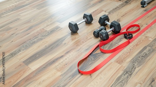 Exercise bands and dumbbells on a clean home gym floor