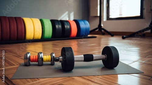 Exercise bands and dumbbells on a clean home gym floor