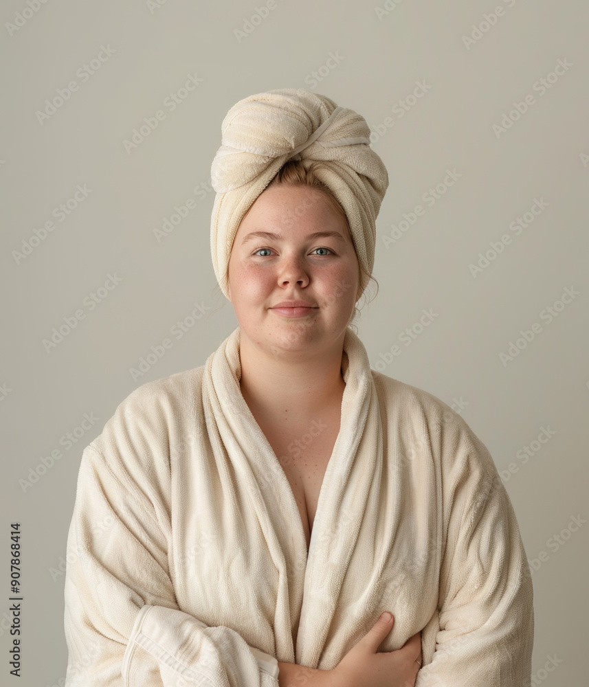 Smiling plus size woman in bathrobe Smiling plus size woman in bathrobe