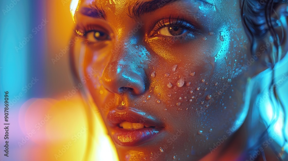 Close-up of a woman's face illuminated with dramatic neon lights, showcasing water droplets on her skin, intense gaze, and vibrant colors. Close-up of a woman's face illuminated with dramatic neon lights, showcasing water droplets on her skin, intense gaze, and vibrant colors.