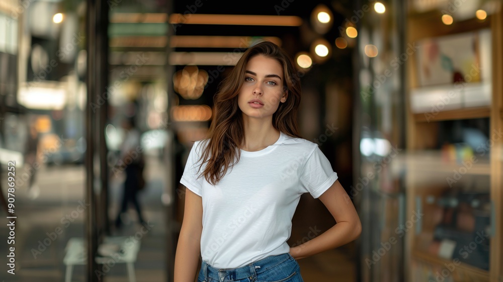 Fashionable Caucasian Woman Modeling a White T-Shirt in Front of a Department Store Glass Showcase Fashionable Caucasian Woman Modeling a White T-Shirt in Front of a Department Store Glass Showcase