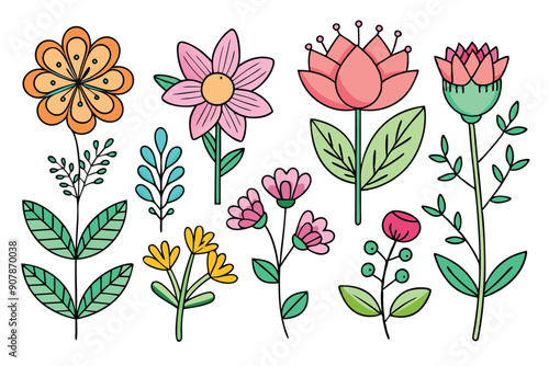 Wallpaper Mural Colorful Hand-Drawn Floral Illustration with Various Flower and Leaf Shapes Torontodigital.ca