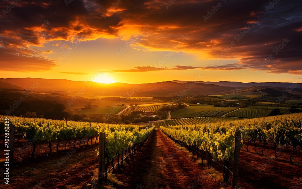 Fototapeta premium Golden Sunset Casting Warm Light Over Green Vineyards