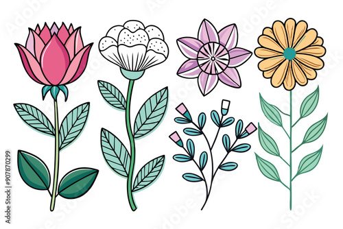 Five Illustrated Flowers with Green Stems and Leaves