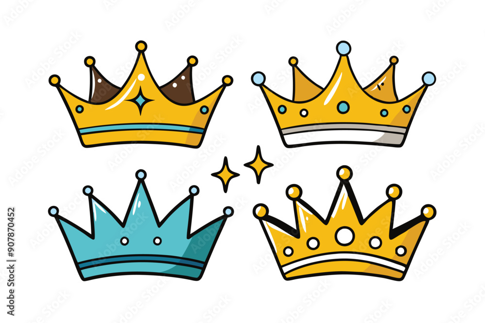 Four Cartoon Crowns with Gold and Blue Accents Four Cartoon Crowns with Gold and Blue Accents