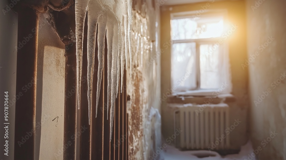 Frozen Indoor Pipes in Winter with Ice Formations Frozen Indoor Pipes in Winter with Ice Formations