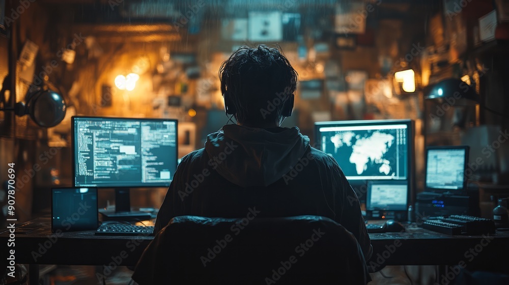 Quality image of a hacker using multiple devices in a dimly lit room. Quality image of a hacker using multiple devices in a dimly lit room.