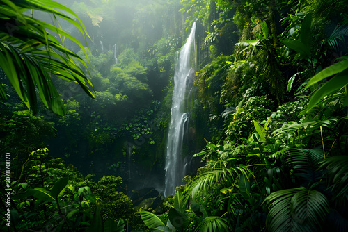 Lush Green Waterfall in Dense Rainforest - Realistic Image