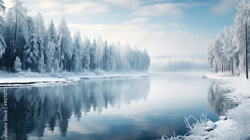 Fototapeta premium Frozen lake surrounded by snow-capped trees in a winter wonderland