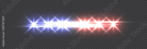 Police or ambulance car siren flare lights on transparent background. Blue and red emergency lamps in darkness. Realistic patrol vehicle flashers vector illustration.