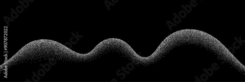 Sand grain texture wavy pattern background. Abstract dot stipple wave, black noise dotted line, sand texture, grainy effect, vector illustration isolated on black.
