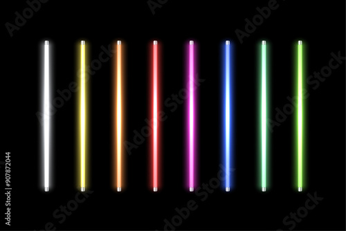 Neon led light tubes set on gray background. Fluorescent glowing white, yellow, orange, red, pink, blue, green, lime led lamps vector illustration. Realistic 3d color laser vertical lights set.