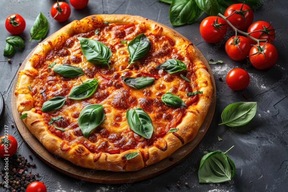 Delicious homemade pizza topped with fresh basil leaves, surrounded by ripe tomatoes and basil on a dark background. Delicious homemade pizza topped with fresh basil leaves, surrounded by ripe tomatoes and basil on a dark background.