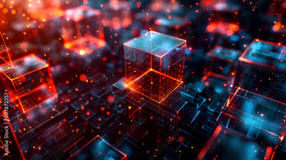 Futuristic digital cubes glowing in blue and red tones, representing technology and innovation in a three-dimensional space. Futuristic digital cubes glowing in blue and red tones, representing technology and innovation in a three-dimensional space.