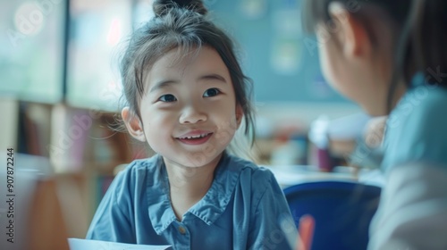 Two young girls are sitting at a table in a classroom