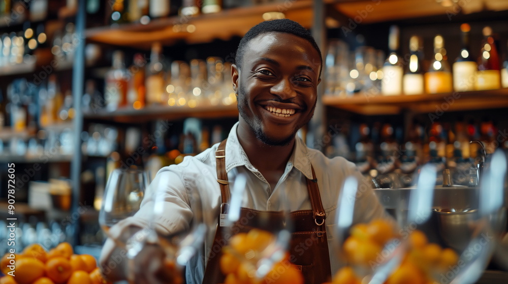 The man polishes wine glasses behind the bar. Pictures of a happy African-American man working at an upscale restaurant The man polishes wine glasses behind the bar. Pictures of a happy African-American man working at an upscale restaurant