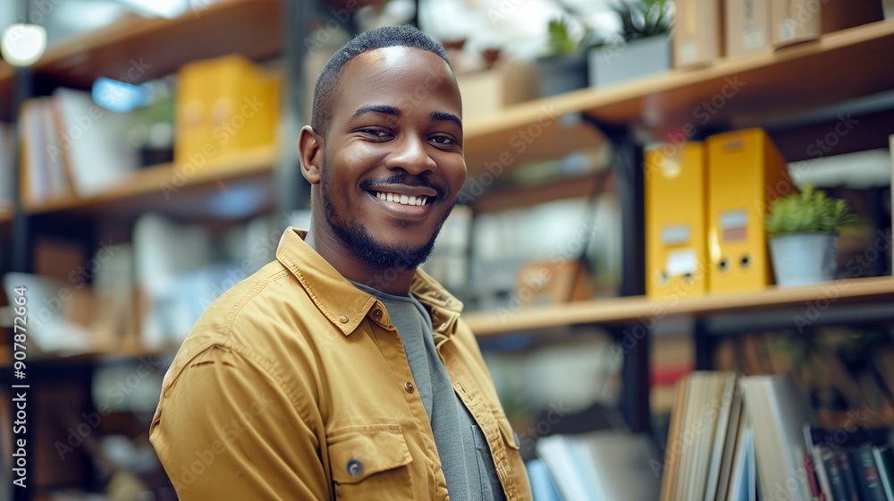 He dusts shelves in an office space, smiling as he goes. Photos of a happy African-American man working for a cleaning company He dusts shelves in an office space, smiling as he goes. Photos of a happy African-American man working for a cleaning company