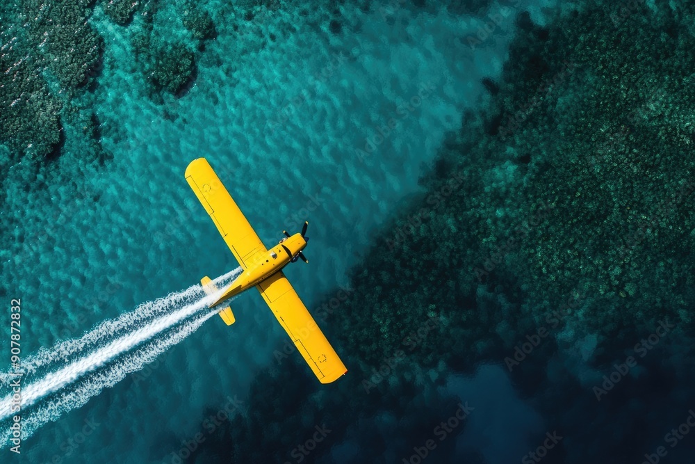 Fototapeta premium Yellow Seaplane Flying Over Turquoise Water and Coral Reefs