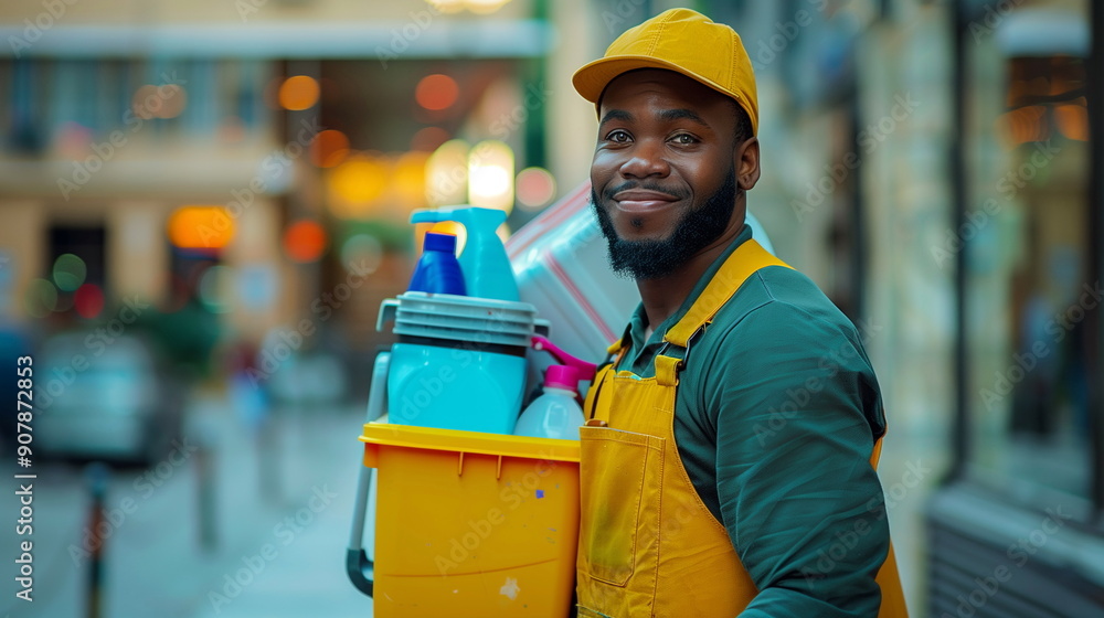 The man carries a cleaning caddy full of supplies, looking cheerful. Photos of a happy African-American man working for a cleaning company The man carries a cleaning caddy full of supplies, looking cheerful. Photos of a happy African-American man working for a cleaning company
