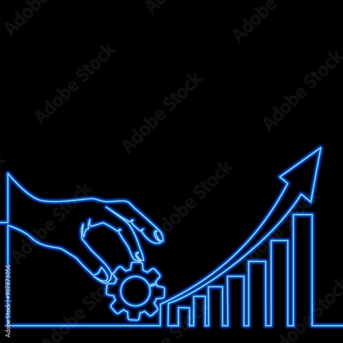 Gear in hand, growth graph on business model or stock information. Management gear icon neon glow vector illustration concept