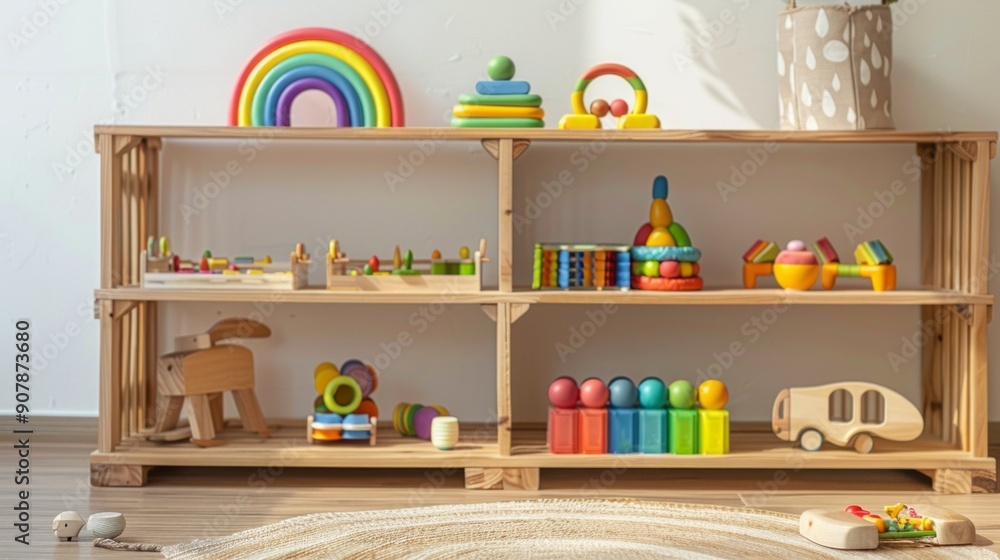 A wooden shelf filled with toys and a rainbow shaped toy A wooden shelf filled with toys and a rainbow shaped toy