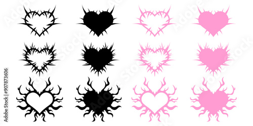 Hearts with spikes in goth, punk, emo style. Set of abstract love logo concept. Neo tribal hearts. Vector illustration isolated on white background.